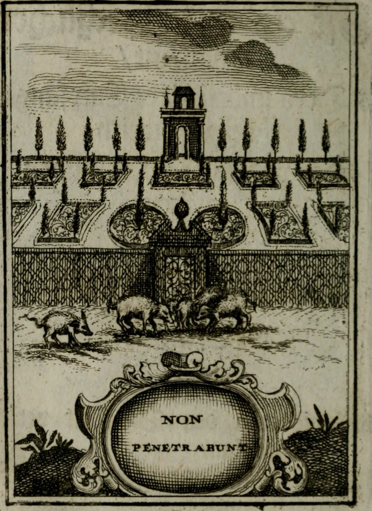 An illustration from Mariae höchst-wunderbarliche und ohne alle Sünden-Mackl gnaden-reich beschehene Empfängnuss : in hunderterley Sinn-Bildern vorgestellet, mit minder ... durch gleich-lauffende Vers deutlich erkläret : anbey mit einer anmüthigen Melodey versehen .., 1712, leaf 185