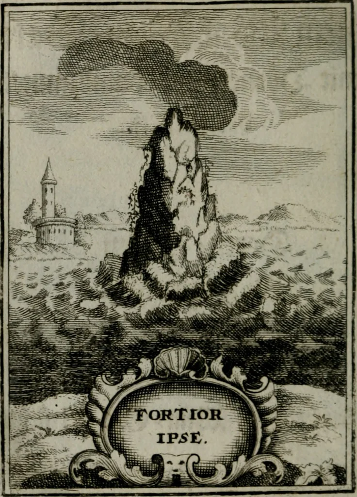 An illustration from Mariae höchst-wunderbarliche und ohne alle Sünden-Mackl gnaden-reich beschehene Empfängnuss : in hunderterley Sinn-Bildern vorgestellet, mit minder ... durch gleich-lauffende Vers deutlich erkläret : anbey mit einer anmüthigen Melodey versehen .., 1712, leaf 195