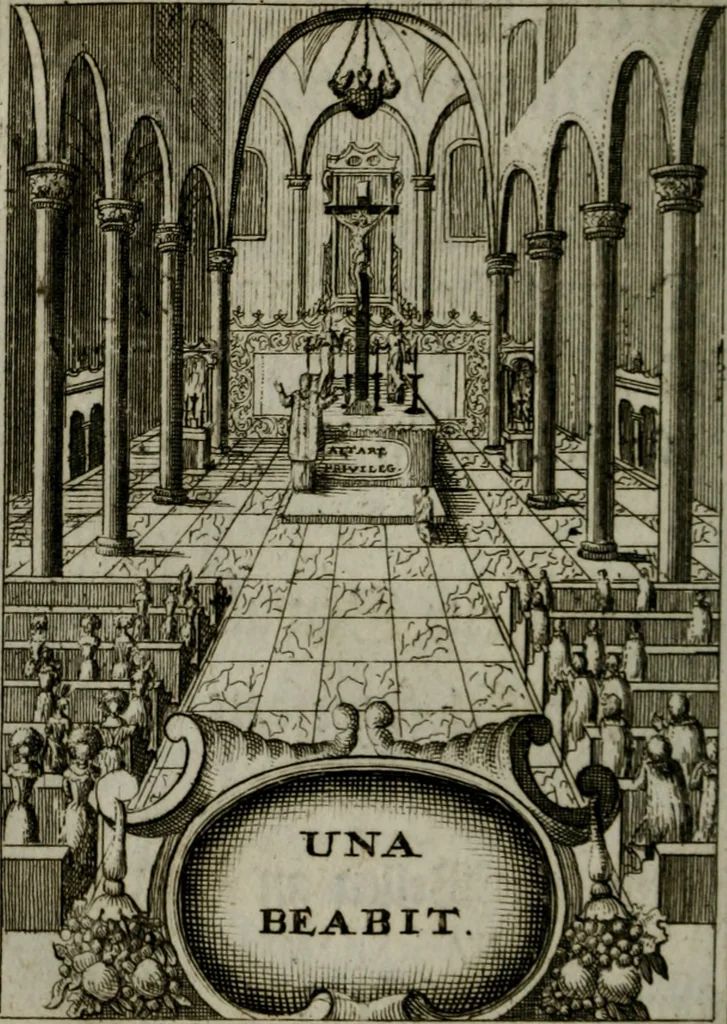 An illustration from Mariae höchst-wunderbarliche und ohne alle Sünden-Mackl gnaden-reich beschehene Empfängnuss : in hunderterley Sinn-Bildern vorgestellet, mit minder ... durch gleich-lauffende Vers deutlich erkläret : anbey mit einer anmüthigen Melodey versehen .., 1712, leaf 197