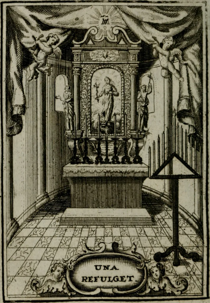 An illustration from Mariae höchst-wunderbarliche und ohne alle Sünden-Mackl gnaden-reich beschehene Empfängnuss : in hunderterley Sinn-Bildern vorgestellet, mit minder ... durch gleich-lauffende Vers deutlich erkläret : anbey mit einer anmüthigen Melodey versehen .., 1712, leaf 205