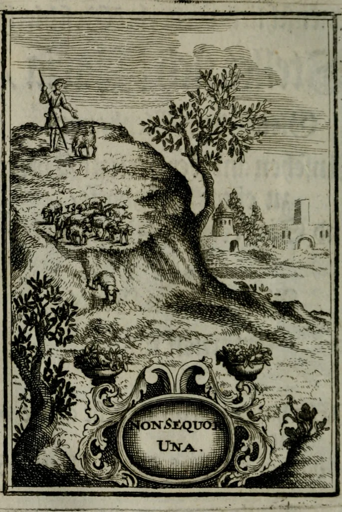 An illustration from Mariae höchst-wunderbarliche und ohne alle Sünden-Mackl gnaden-reich beschehene Empfängnuss : in hunderterley Sinn-Bildern vorgestellet, mit minder ... durch gleich-lauffende Vers deutlich erkläret : anbey mit einer anmüthigen Melodey versehen .., 1712, leaf 215
