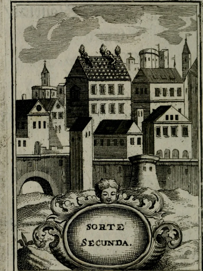 An illustration from Mariae höchst-wunderbarliche und ohne alle Sünden-Mackl gnaden-reich beschehene Empfängnuss : in hunderterley Sinn-Bildern vorgestellet, mit minder ... durch gleich-lauffende Vers deutlich erkläret : anbey mit einer anmüthigen Melodey versehen .., 1712, leaf 221