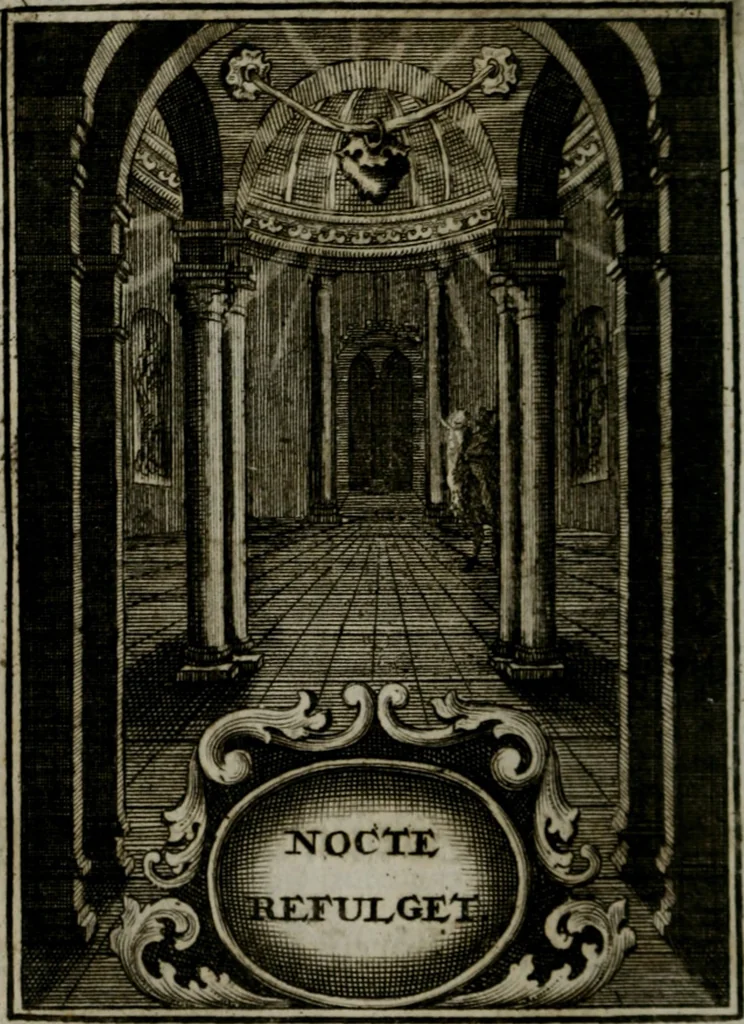 An illustration from Mariae höchst-wunderbarliche und ohne alle Sünden-Mackl gnaden-reich beschehene Empfängnuss : in hunderterley Sinn-Bildern vorgestellet, mit minder ... durch gleich-lauffende Vers deutlich erkläret : anbey mit einer anmüthigen Melodey versehen .., 1712, leaf 35
