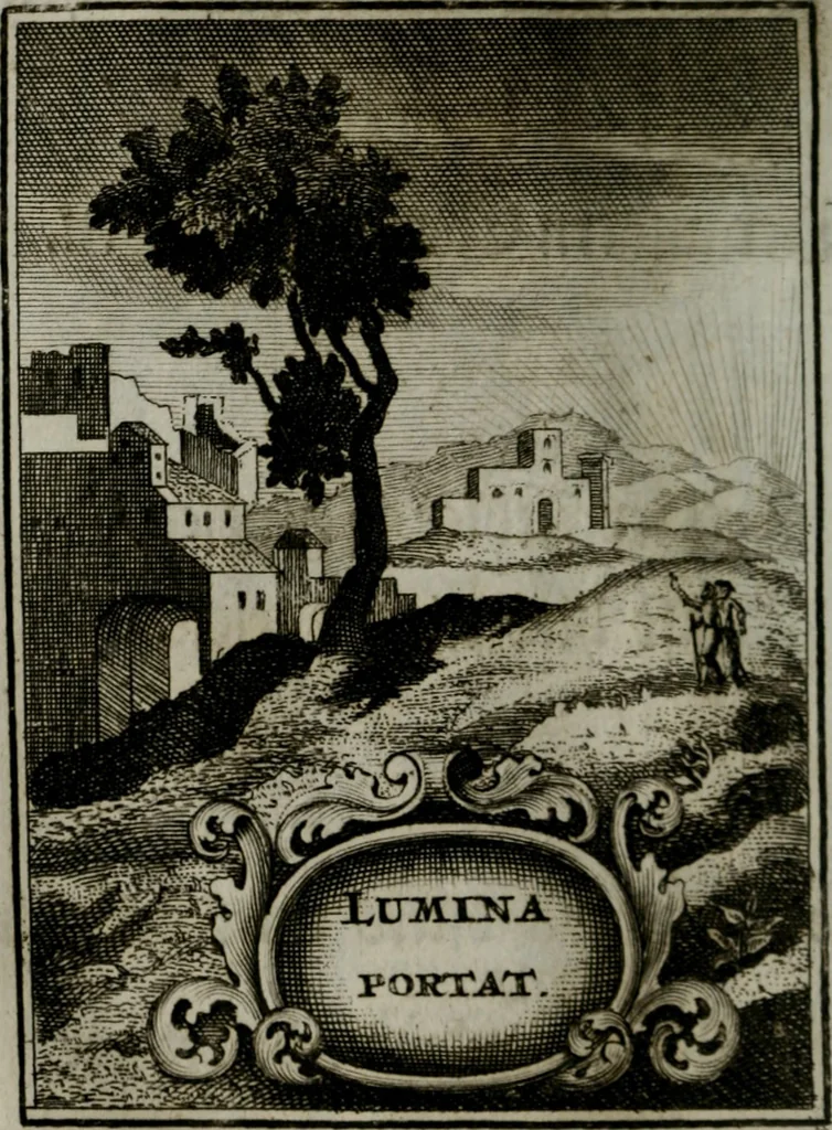 An illustration from Mariae höchst-wunderbarliche und ohne alle Sünden-Mackl gnaden-reich beschehene Empfängnuss : in hunderterley Sinn-Bildern vorgestellet, mit minder ... durch gleich-lauffende Vers deutlich erkläret : anbey mit einer anmüthigen Melodey versehen .., 1712, leaf 39
