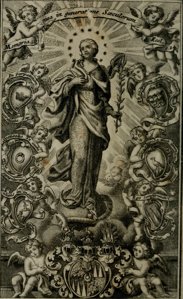 An illustration from Mariae höchst-wunderbarliche und ohne alle Sünden-Mackl gnaden-reich beschehene Empfängnuss : in hunderterley Sinn-Bildern vorgestellet, mit minder ... durch gleich-lauffende Vers deutlich erkläret : anbey mit einer anmüthigen Melodey versehen .., 1712, leaf 5