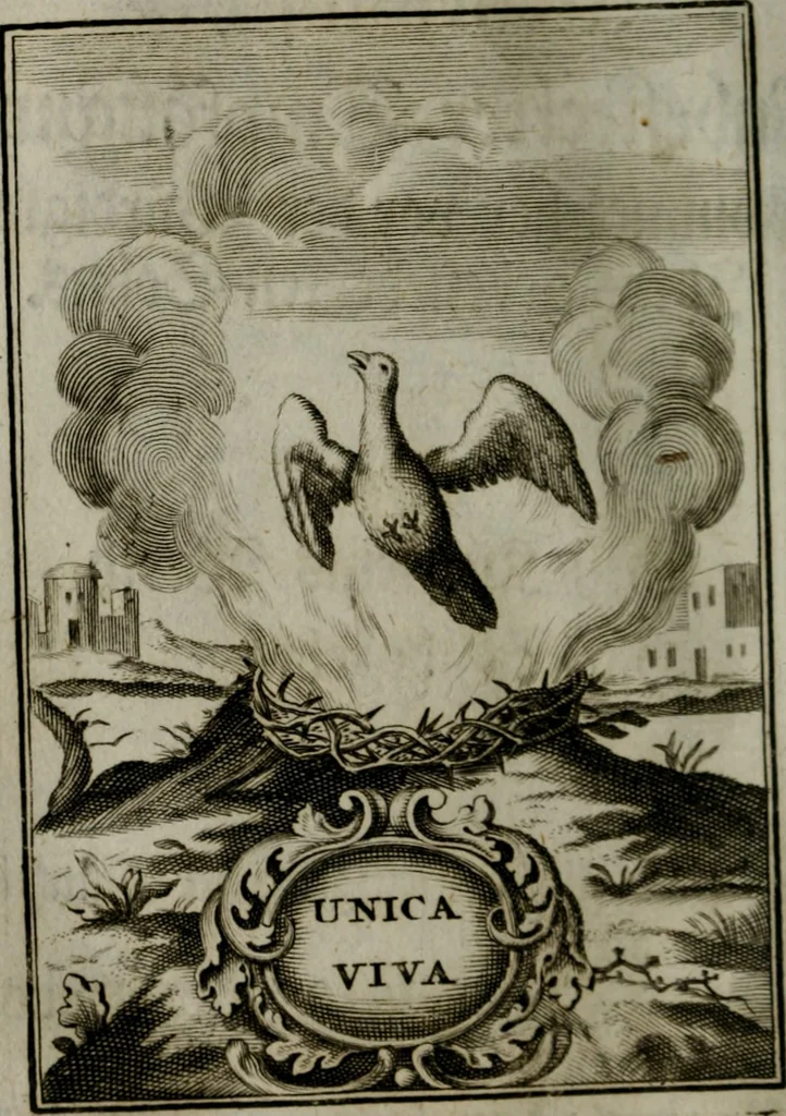 An illustration from Mariae höchst-wunderbarliche und ohne alle Sünden-Mackl gnaden-reich beschehene Empfängnuss : in hunderterley Sinn-Bildern vorgestellet, mit minder ... durch gleich-lauffende Vers deutlich erkläret : anbey mit einer anmüthigen Melodey versehen .., 1712, leaf 57