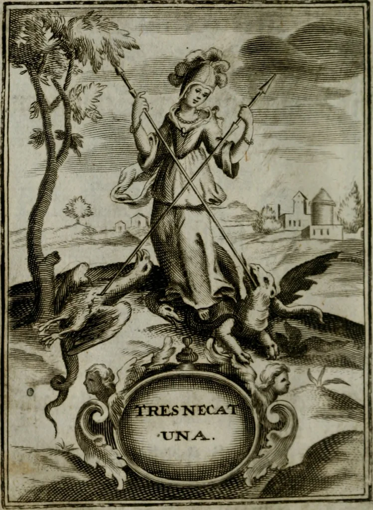 An illustration from Mariae höchst-wunderbarliche und ohne alle Sünden-Mackl gnaden-reich beschehene Empfängnuss : in hunderterley Sinn-Bildern vorgestellet, mit minder ... durch gleich-lauffende Vers deutlich erkläret : anbey mit einer anmüthigen Melodey versehen .., 1712, leaf 77