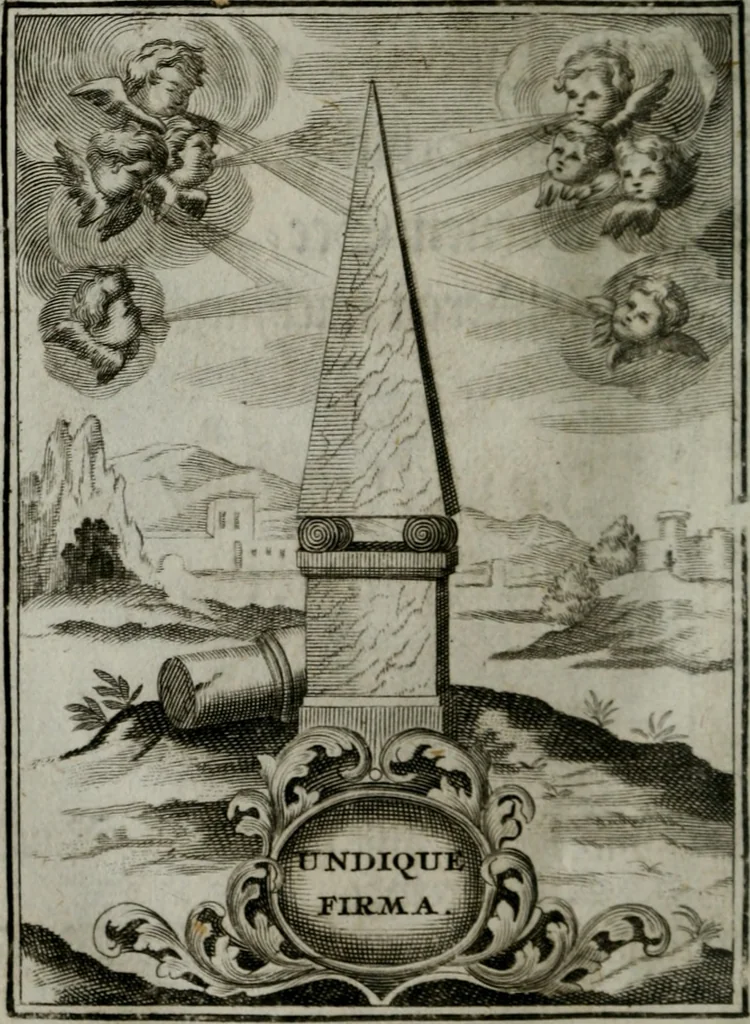 An illustration from Mariae höchst-wunderbarliche und ohne alle Sünden-Mackl gnaden-reich beschehene Empfängnuss : in hunderterley Sinn-Bildern vorgestellet, mit minder ... durch gleich-lauffende Vers deutlich erkläret : anbey mit einer anmüthigen Melodey versehen .., 1712, leaf 85