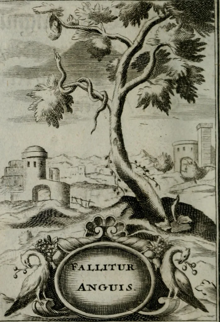 An illustration from Mariae höchst-wunderbarliche und ohne alle Sünden-Mackl gnaden-reich beschehene Empfängnuss : in hunderterley Sinn-Bildern vorgestellet, mit minder ... durch gleich-lauffende Vers deutlich erkläret : anbey mit einer anmüthigen Melodey versehen .., 1712, leaf 87