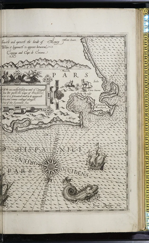 An illustration from The mariners mirrour : wherin may playnly be seen the courses, heights, distances, depths, soundings, flouds and ebs, risings of lands, rocks, sands and shoalds, with the marks for th'entrings of the harbouroughs, havens and ports of the greatest part of Europe: their seueral traficks and commodities: together w.th the rules and instrume[n]ts of navigation., 1588, leaf 109