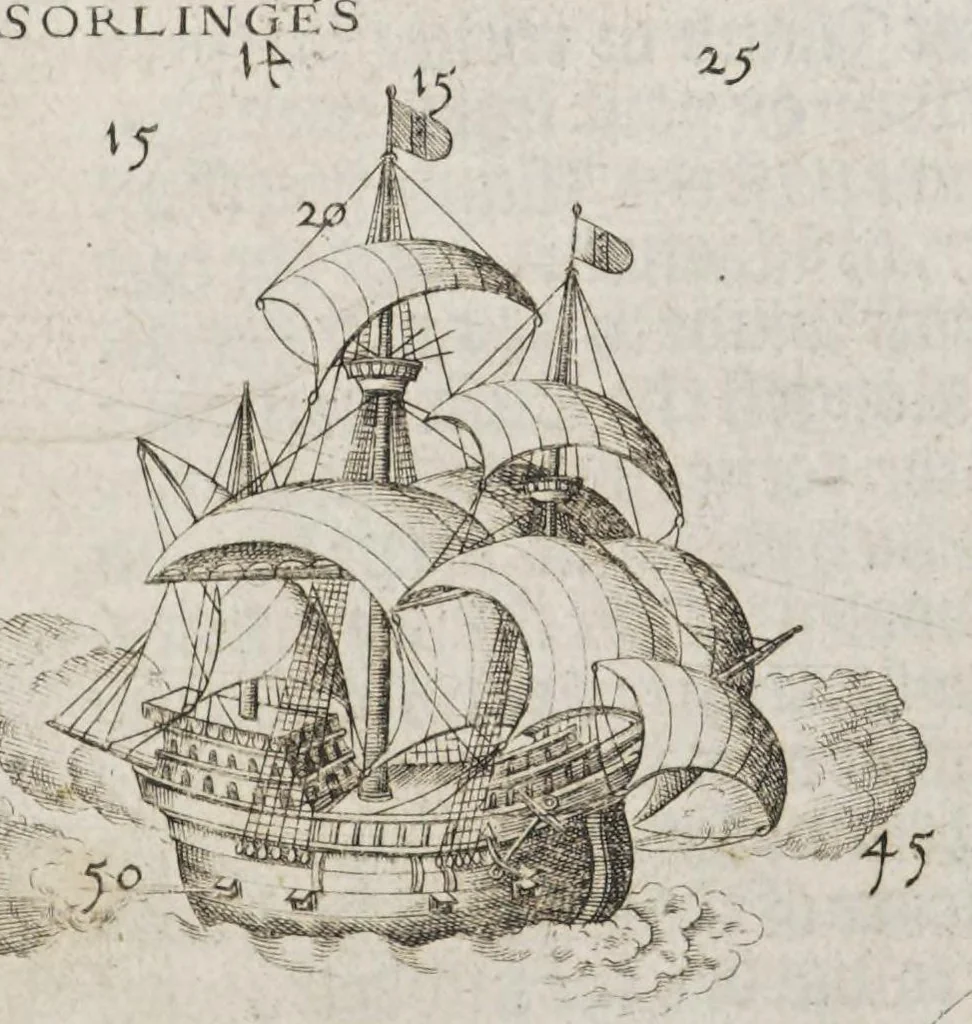 An illustration from The mariners mirrour : wherin may playnly be seen the courses, heights, distances, depths, soundings, flouds and ebs, risings of lands, rocks, sands and shoalds, with the marks for th'entrings of the harbouroughs, havens and ports of the greatest part of Europe: their seueral traficks and commodities: together w.th the rules and instrume[n]ts of navigation., 1588, leaf 132