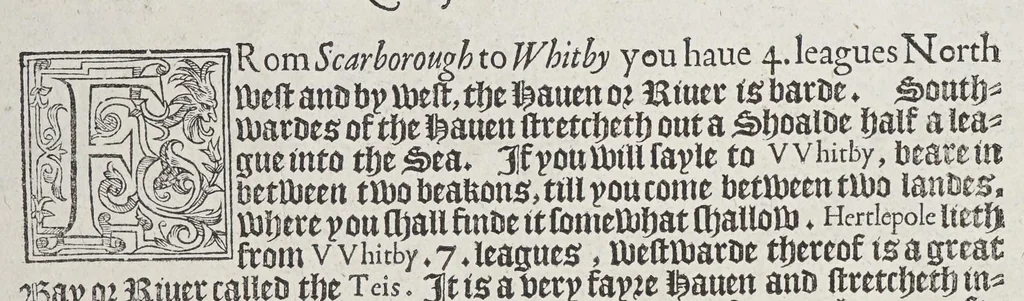 An illustration from The mariners mirrour : wherin may playnly be seen the courses, heights, distances, depths, soundings, flouds and ebs, risings of lands, rocks, sands and shoalds, with the marks for th'entrings of the harbouroughs, havens and ports of the greatest part of Europe: their seueral traficks and commodities: together w.th the rules and instrume[n]ts of navigation., 1588, leaf 159