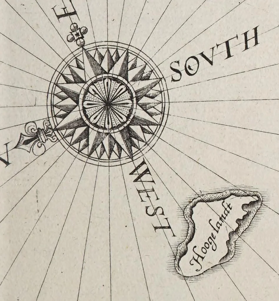 An illustration from The mariners mirrour : wherin may playnly be seen the courses, heights, distances, depths, soundings, flouds and ebs, risings of lands, rocks, sands and shoalds, with the marks for th'entrings of the harbouroughs, havens and ports of the greatest part of Europe: their seueral traficks and commodities: together w.th the rules and instrume[n]ts of navigation., 1588, leaf 193