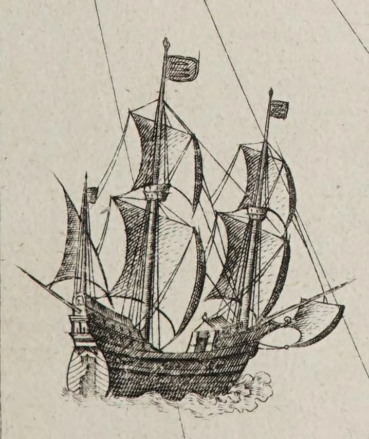 An illustration from The mariners mirrour : wherin may playnly be seen the courses, heights, distances, depths, soundings, flouds and ebs, risings of lands, rocks, sands and shoalds, with the marks for th'entrings of the harbouroughs, havens and ports of the greatest part of Europe: their seueral traficks and commodities: together w.th the rules and instrume[n]ts of navigation., 1588, leaf 193