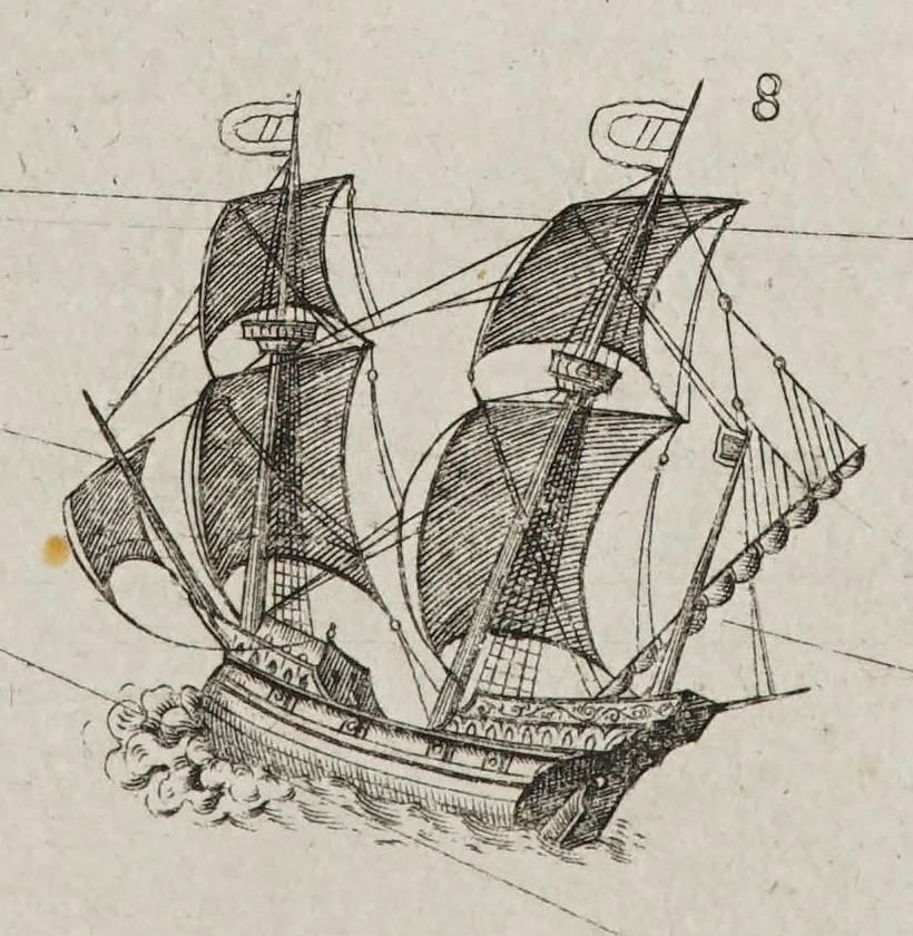 An illustration from The mariners mirrour : wherin may playnly be seen the courses, heights, distances, depths, soundings, flouds and ebs, risings of lands, rocks, sands and shoalds, with the marks for th'entrings of the harbouroughs, havens and ports of the greatest part of Europe: their seueral traficks and commodities: together w.th the rules and instrume[n]ts of navigation., 1588, leaf 205