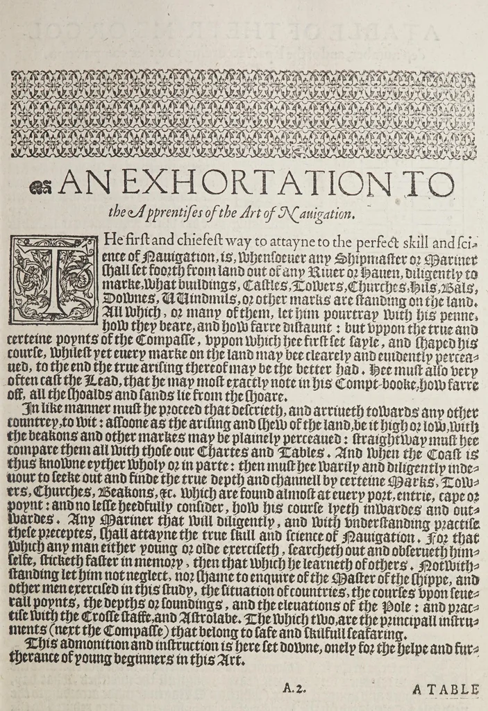 An illustration from The mariners mirrour : wherin may playnly be seen the courses, heights, distances, depths, soundings, flouds and ebs, risings of lands, rocks, sands and shoalds, with the marks for th'entrings of the harbouroughs, havens and ports of the greatest part of Europe: their seueral traficks and commodities: together w.th the rules and instrume[n]ts of navigation., 1588, leaf 21