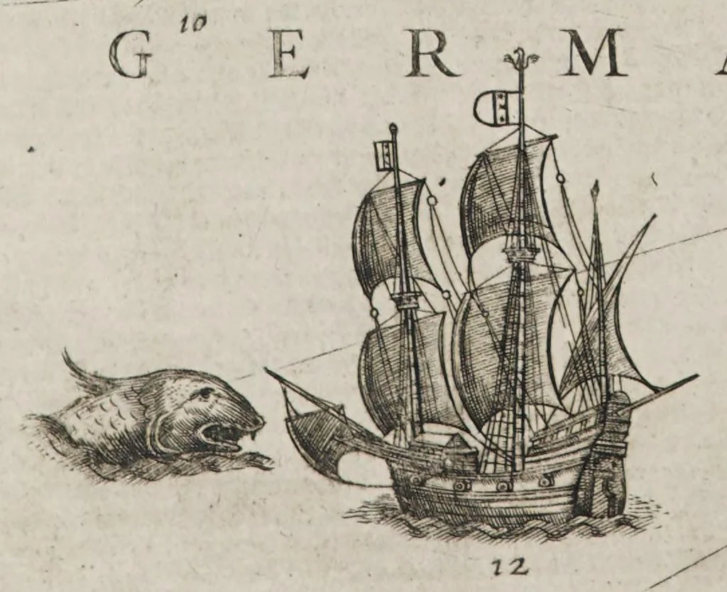 An illustration from The mariners mirrour : wherin may playnly be seen the courses, heights, distances, depths, soundings, flouds and ebs, risings of lands, rocks, sands and shoalds, with the marks for th'entrings of the harbouroughs, havens and ports of the greatest part of Europe: their seueral traficks and commodities: together w.th the rules and instrume[n]ts of navigation., 1588, leaf 232