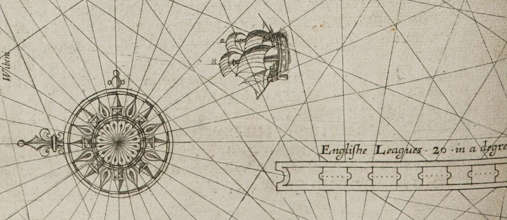 An illustration from The mariners mirrour : wherin may playnly be seen the courses, heights, distances, depths, soundings, flouds and ebs, risings of lands, rocks, sands and shoalds, with the marks for th'entrings of the harbouroughs, havens and ports of the greatest part of Europe: their seueral traficks and commodities: together w.th the rules and instrume[n]ts of navigation., 1588, leaf 56