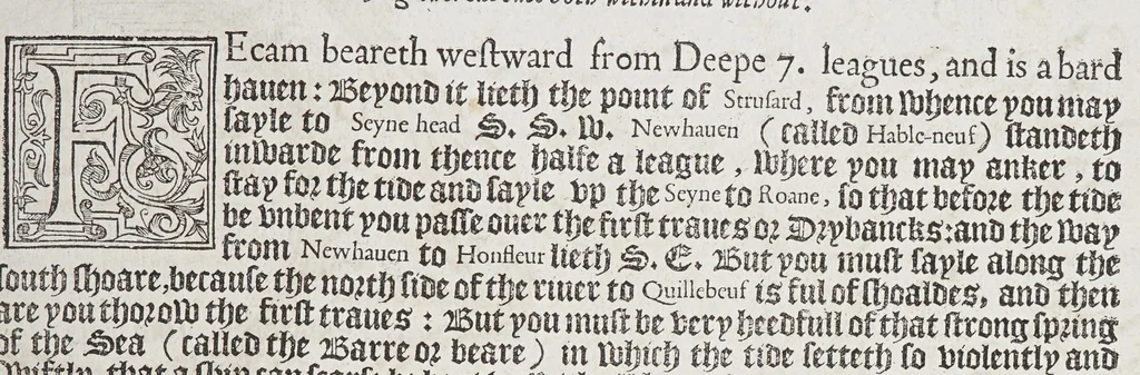An illustration from The mariners mirrour : wherin may playnly be seen the courses, heights, distances, depths, soundings, flouds and ebs, risings of lands, rocks, sands and shoalds, with the marks for th'entrings of the harbouroughs, havens and ports of the greatest part of Europe: their seueral traficks and commodities: together w.th the rules and instrume[n]ts of navigation., 1588, leaf 71