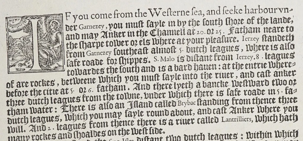 An illustration from The mariners mirrour : wherin may playnly be seen the courses, heights, distances, depths, soundings, flouds and ebs, risings of lands, rocks, sands and shoalds, with the marks for th'entrings of the harbouroughs, havens and ports of the greatest part of Europe: their seueral traficks and commodities: together w.th the rules and instrume[n]ts of navigation., 1588, leaf 75