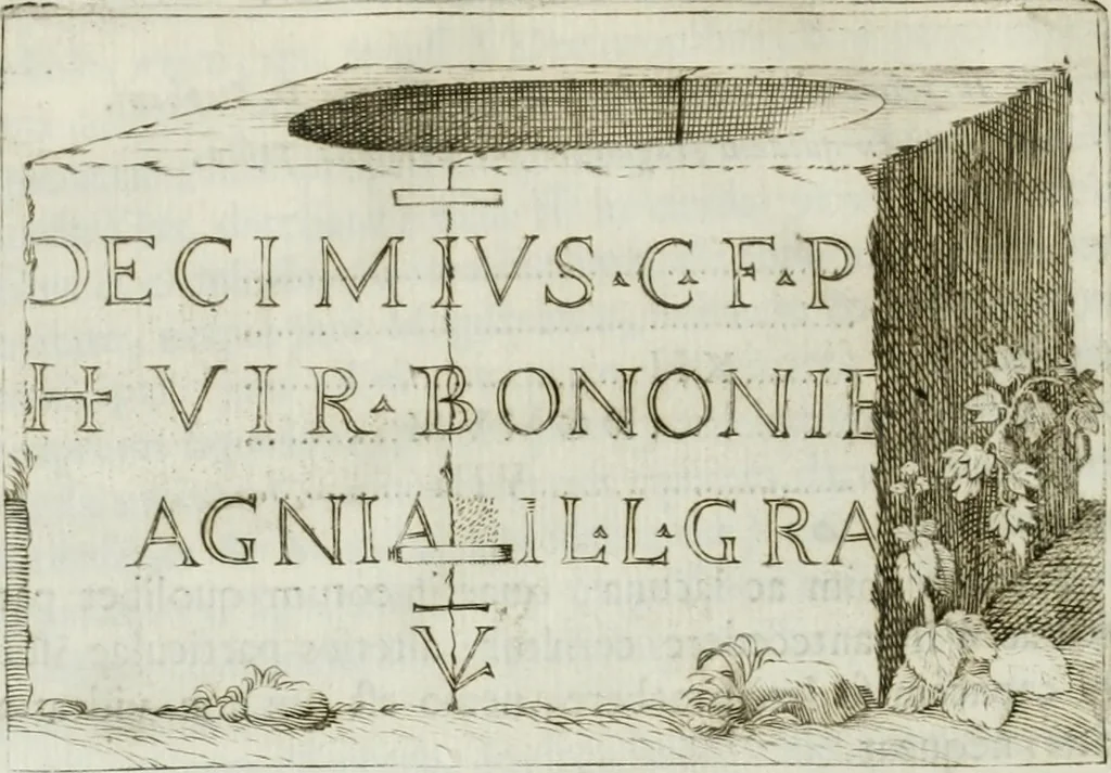 An illustration from Marmora Felsinea : innumeris non solum inscriptionibus exteris hucusque ineditis : sed etiam quamplurimis doctissimorum virorum expositionibus roborata & aucta : illustrissimo ac amplissimo Bononiae Senatui dicata, 1690, leaf 191