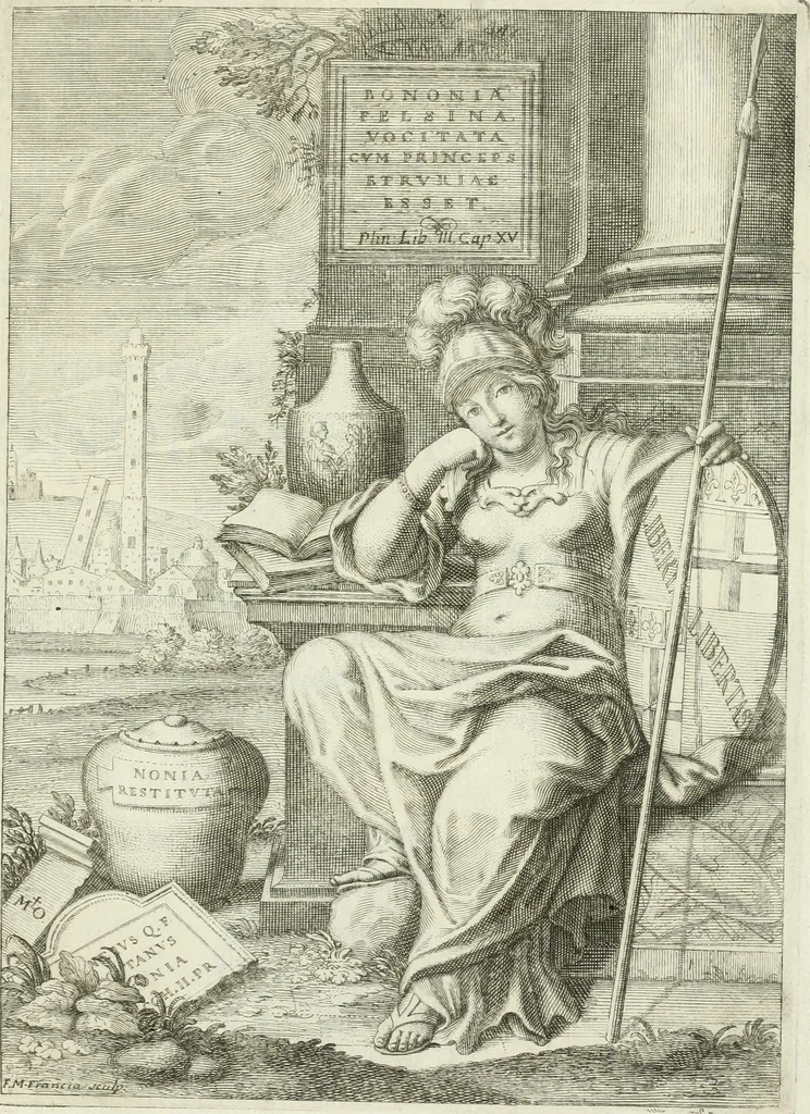 An illustration from Marmora Felsinea : innumeris non solum inscriptionibus exteris hucusque ineditis : sed etiam quamplurimis doctissimorum virorum expositionibus roborata & aucta : illustrissimo ac amplissimo Bononiae Senatui dicata, 1690, leaf 4