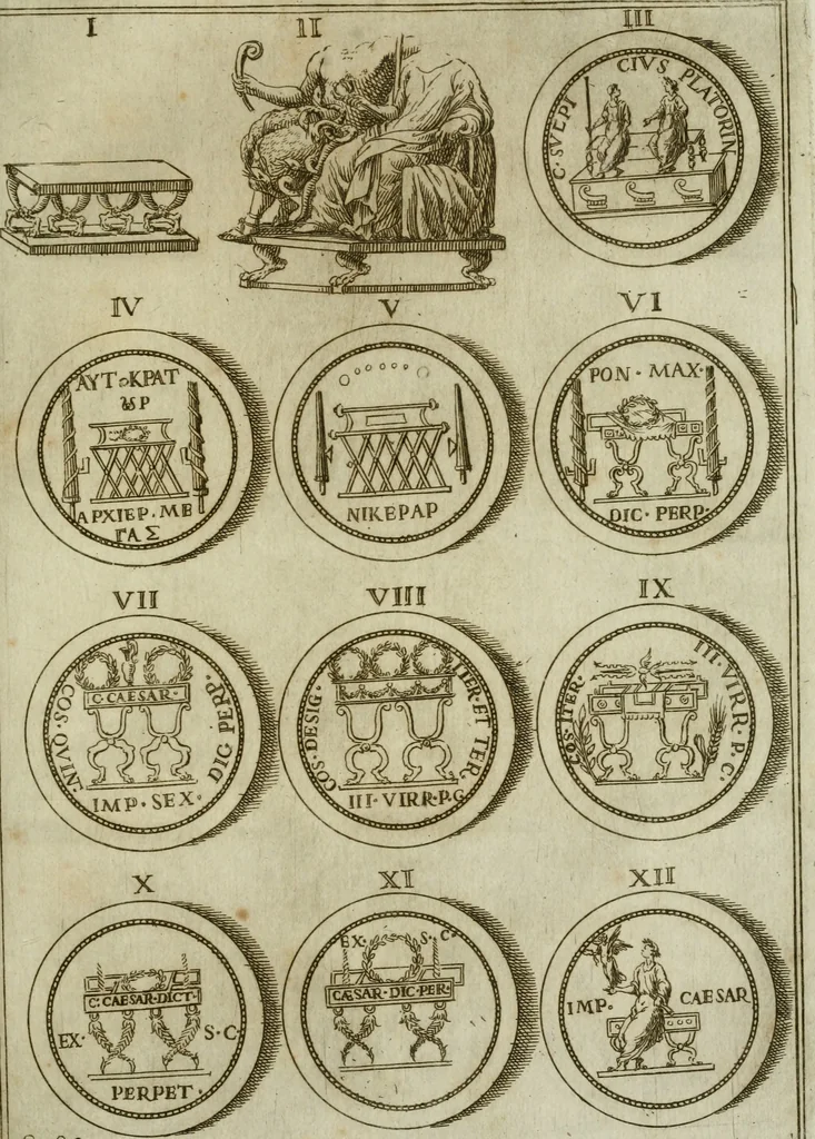 An illustration from Marmor Pisanum de honore bisellii : parergon inseritur de veterum sellis, synopsis appenditur de re donatica antiquorum, quam breui spondet, 1666, leaf 256