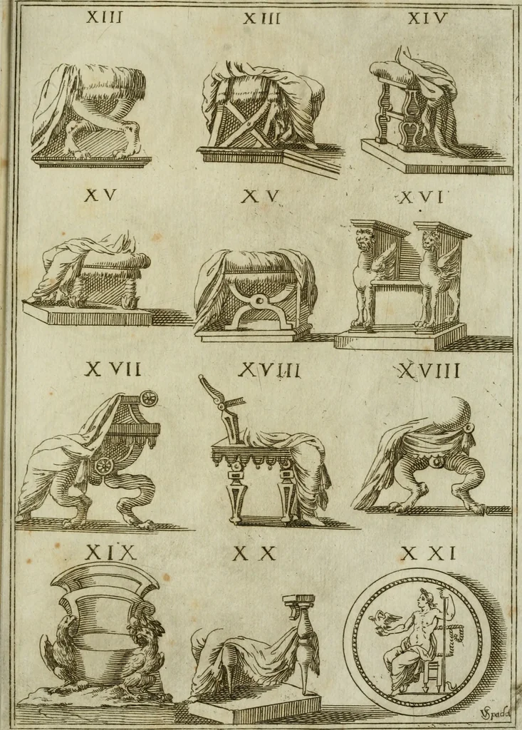 An illustration from Marmor Pisanum de honore bisellii : parergon inseritur de veterum sellis, synopsis appenditur de re donatica antiquorum, quam breui spondet, 1666, leaf 258