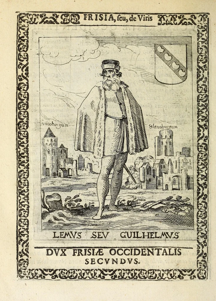 An illustration from Martini Hamconii Frisia; seu, De viris rebusque Frisiae illustribus libri duo. Opus ab authore recognitum, auctum, & imaginibus regum, potestatum, ac principum exornatum. Adiecti sunt pontifices Frisiorum ethnici, seu praefecti druydum: episcopi ultraiectini: comites Hollandiae & Zelandiae: diplomataque, & monumenta aliquot pontificum, caesarum, ac aliorum heroum, virtutem Frisiorum declarantia, 1620, leaf 100
