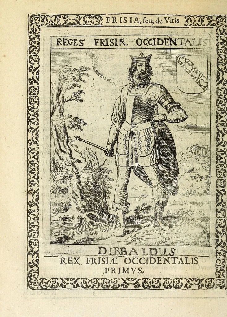 An illustration from Martini Hamconii Frisia; seu, De viris rebusque Frisiae illustribus libri duo. Opus ab authore recognitum, auctum, & imaginibus regum, potestatum, ac principum exornatum. Adiecti sunt pontifices Frisiorum ethnici, seu praefecti druydum: episcopi ultraiectini: comites Hollandiae & Zelandiae: diplomataque, & monumenta aliquot pontificum, caesarum, ac aliorum heroum, virtutem Frisiorum declarantia, 1620, leaf 102