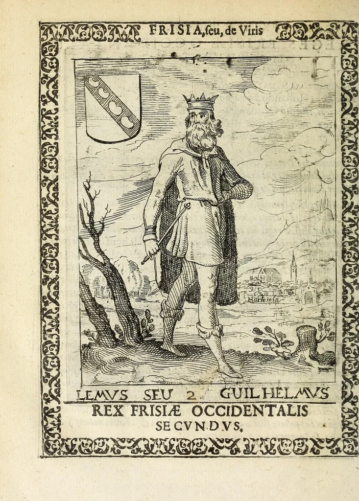 An illustration from Martini Hamconii Frisia; seu, De viris rebusque Frisiae illustribus libri duo. Opus ab authore recognitum, auctum, & imaginibus regum, potestatum, ac principum exornatum. Adiecti sunt pontifices Frisiorum ethnici, seu praefecti druydum: episcopi ultraiectini: comites Hollandiae & Zelandiae: diplomataque, & monumenta aliquot pontificum, caesarum, ac aliorum heroum, virtutem Frisiorum declarantia, 1620, leaf 104