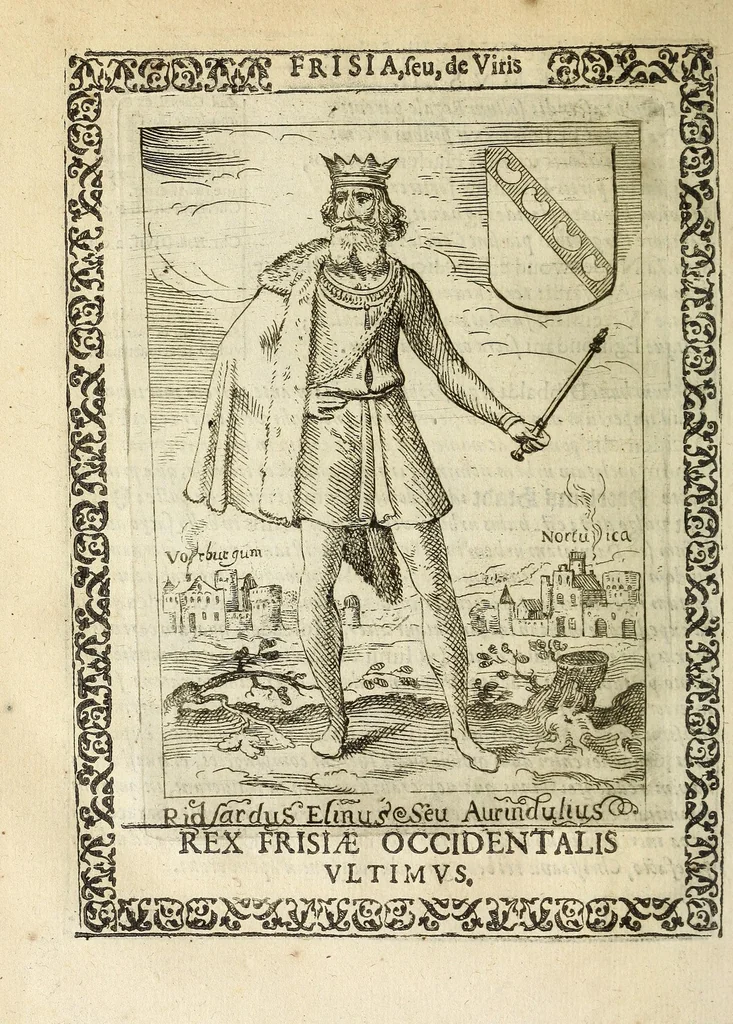 An illustration from Martini Hamconii Frisia; seu, De viris rebusque Frisiae illustribus libri duo. Opus ab authore recognitum, auctum, & imaginibus regum, potestatum, ac principum exornatum. Adiecti sunt pontifices Frisiorum ethnici, seu praefecti druydum: episcopi ultraiectini: comites Hollandiae & Zelandiae: diplomataque, & monumenta aliquot pontificum, caesarum, ac aliorum heroum, virtutem Frisiorum declarantia, 1620, leaf 106