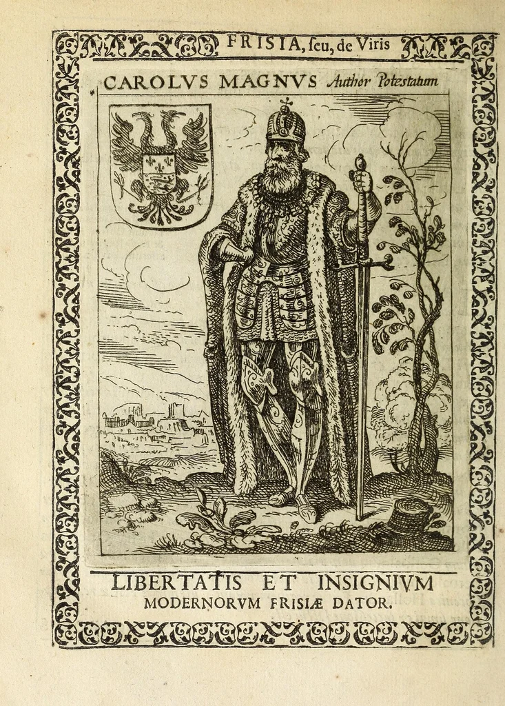 An illustration from Martini Hamconii Frisia; seu, De viris rebusque Frisiae illustribus libri duo. Opus ab authore recognitum, auctum, & imaginibus regum, potestatum, ac principum exornatum. Adiecti sunt pontifices Frisiorum ethnici, seu praefecti druydum: episcopi ultraiectini: comites Hollandiae & Zelandiae: diplomataque, & monumenta aliquot pontificum, caesarum, ac aliorum heroum, virtutem Frisiorum declarantia, 1620, leaf 108