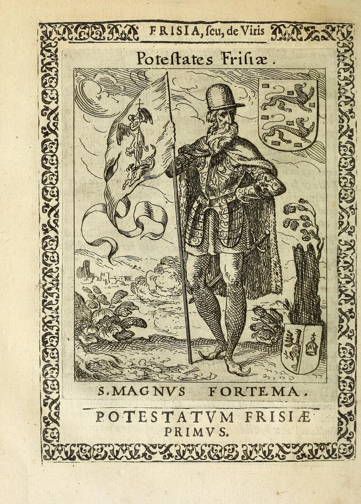 An illustration from Martini Hamconii Frisia; seu, De viris rebusque Frisiae illustribus libri duo. Opus ab authore recognitum, auctum, & imaginibus regum, potestatum, ac principum exornatum. Adiecti sunt pontifices Frisiorum ethnici, seu praefecti druydum: episcopi ultraiectini: comites Hollandiae & Zelandiae: diplomataque, & monumenta aliquot pontificum, caesarum, ac aliorum heroum, virtutem Frisiorum declarantia, 1620, leaf 110