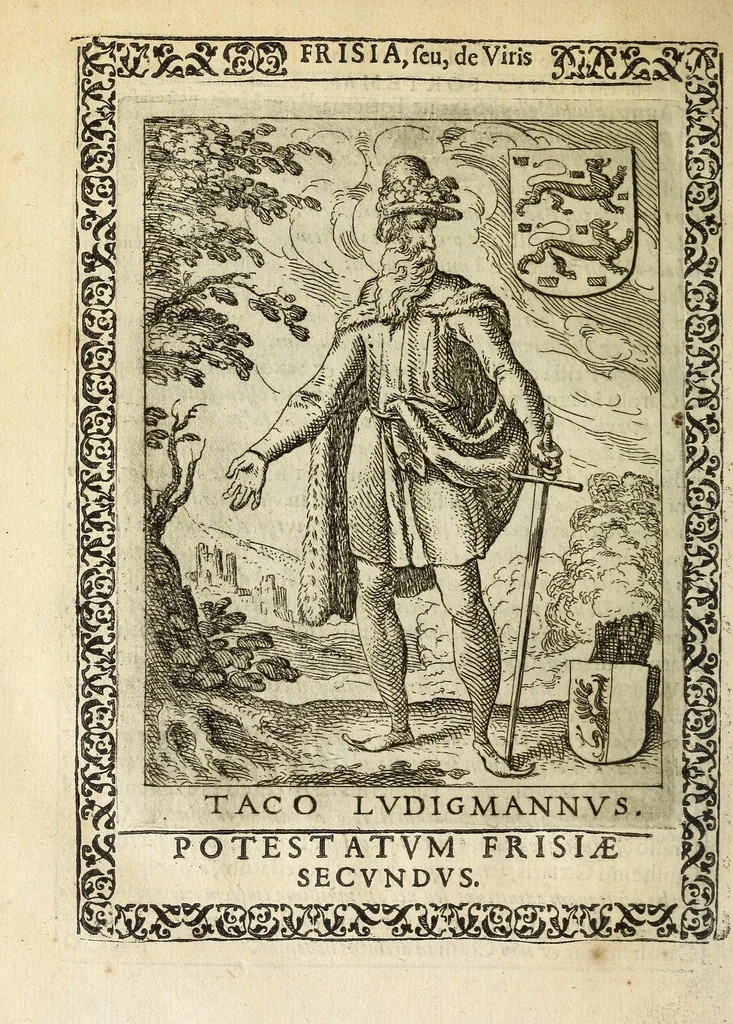 An illustration from Martini Hamconii Frisia; seu, De viris rebusque Frisiae illustribus libri duo. Opus ab authore recognitum, auctum, & imaginibus regum, potestatum, ac principum exornatum. Adiecti sunt pontifices Frisiorum ethnici, seu praefecti druydum: episcopi ultraiectini: comites Hollandiae & Zelandiae: diplomataque, & monumenta aliquot pontificum, caesarum, ac aliorum heroum, virtutem Frisiorum declarantia, 1620, leaf 112