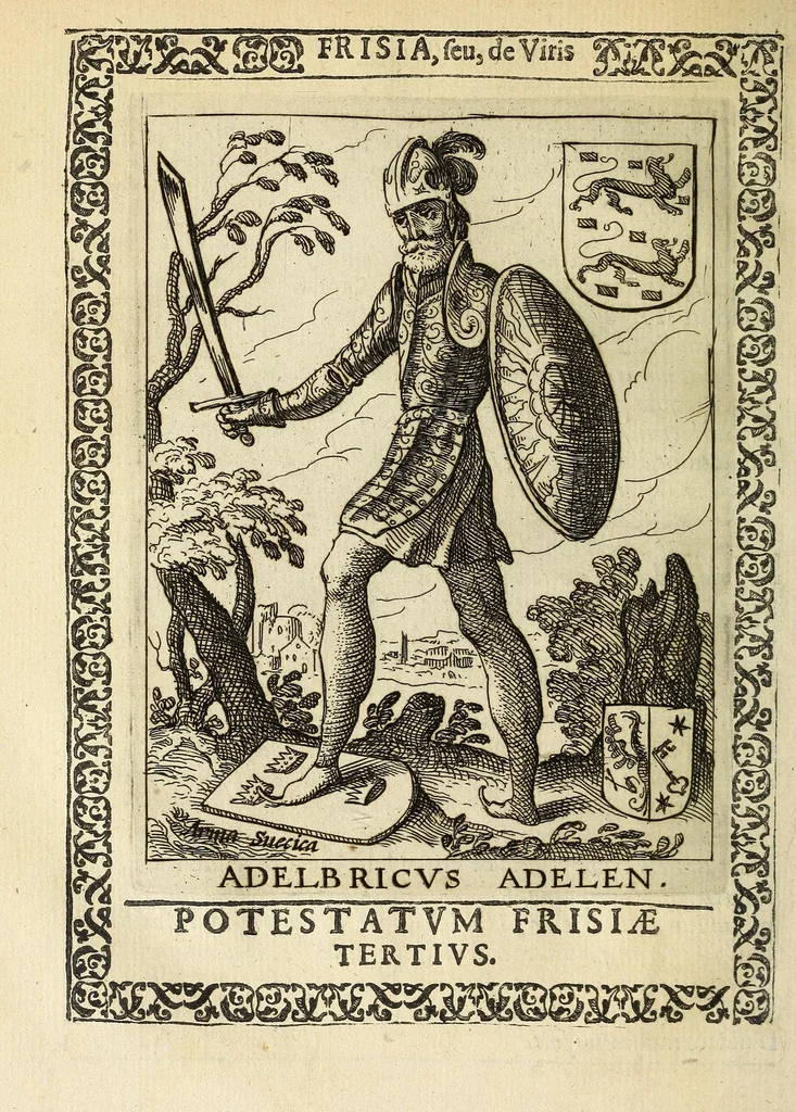 An illustration from Martini Hamconii Frisia; seu, De viris rebusque Frisiae illustribus libri duo. Opus ab authore recognitum, auctum, & imaginibus regum, potestatum, ac principum exornatum. Adiecti sunt pontifices Frisiorum ethnici, seu praefecti druydum: episcopi ultraiectini: comites Hollandiae & Zelandiae: diplomataque, & monumenta aliquot pontificum, caesarum, ac aliorum heroum, virtutem Frisiorum declarantia, 1620, leaf 114