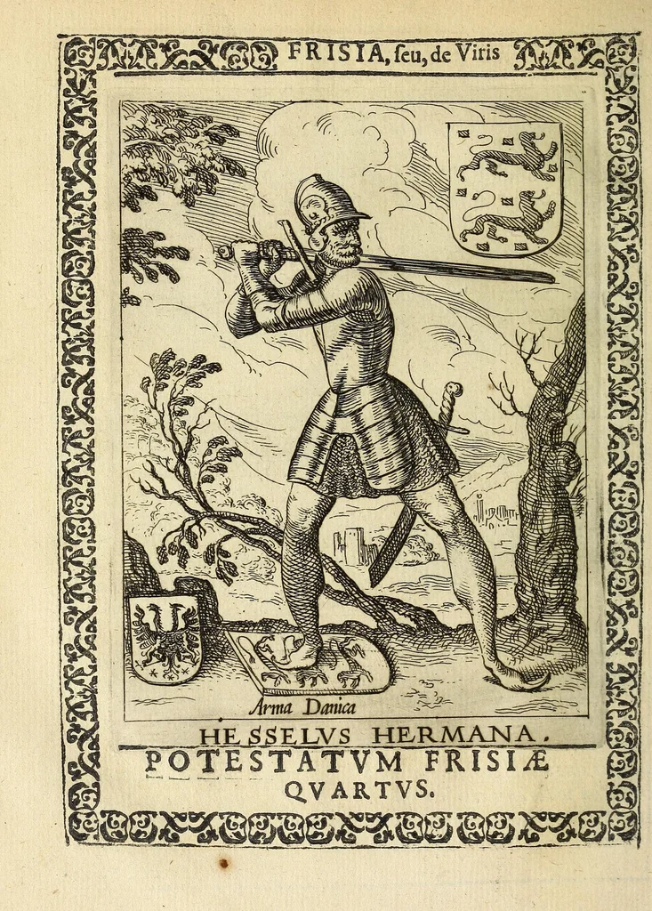 An illustration from Martini Hamconii Frisia; seu, De viris rebusque Frisiae illustribus libri duo. Opus ab authore recognitum, auctum, & imaginibus regum, potestatum, ac principum exornatum. Adiecti sunt pontifices Frisiorum ethnici, seu praefecti druydum: episcopi ultraiectini: comites Hollandiae & Zelandiae: diplomataque, & monumenta aliquot pontificum, caesarum, ac aliorum heroum, virtutem Frisiorum declarantia, 1620, leaf 116