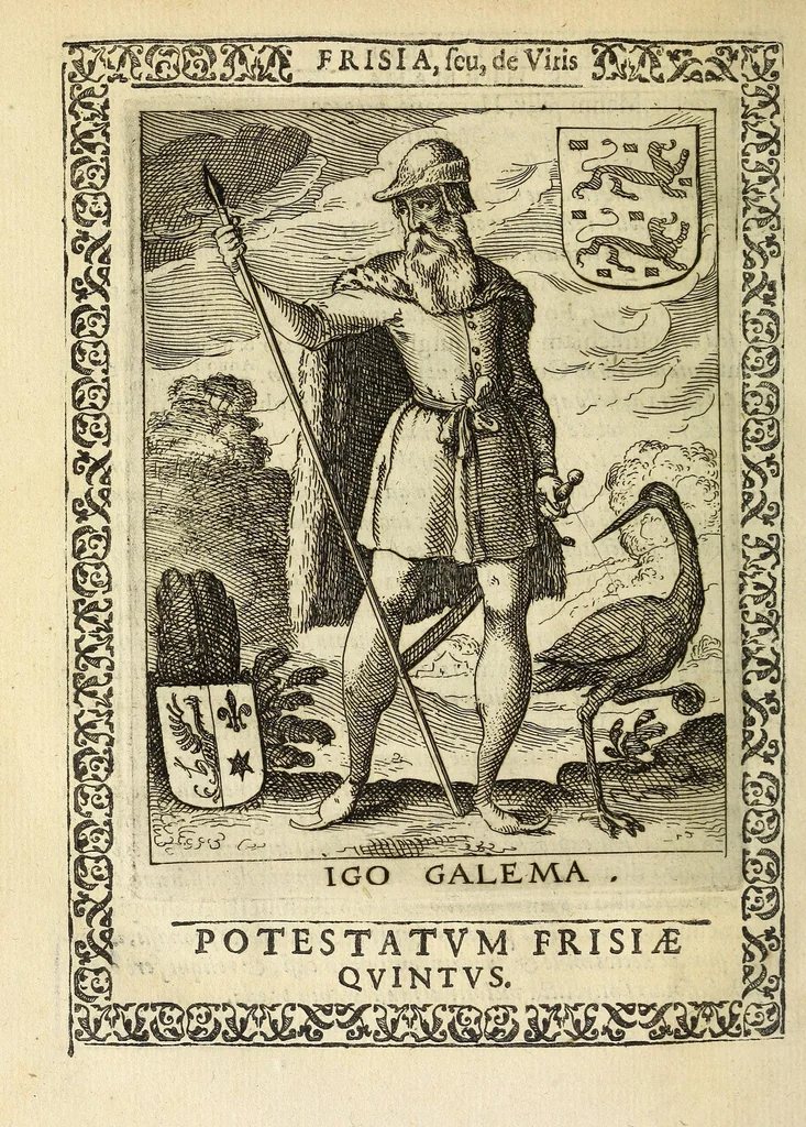 An illustration from Martini Hamconii Frisia; seu, De viris rebusque Frisiae illustribus libri duo. Opus ab authore recognitum, auctum, & imaginibus regum, potestatum, ac principum exornatum. Adiecti sunt pontifices Frisiorum ethnici, seu praefecti druydum: episcopi ultraiectini: comites Hollandiae & Zelandiae: diplomataque, & monumenta aliquot pontificum, caesarum, ac aliorum heroum, virtutem Frisiorum declarantia, 1620, leaf 118