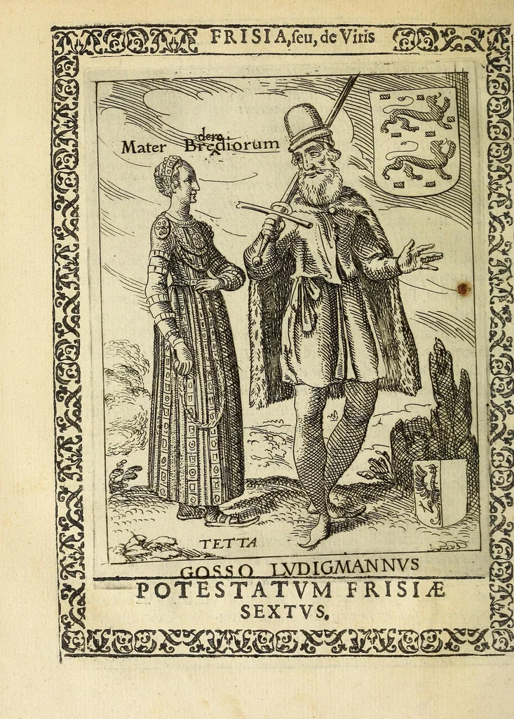 An illustration from Martini Hamconii Frisia; seu, De viris rebusque Frisiae illustribus libri duo. Opus ab authore recognitum, auctum, & imaginibus regum, potestatum, ac principum exornatum. Adiecti sunt pontifices Frisiorum ethnici, seu praefecti druydum: episcopi ultraiectini: comites Hollandiae & Zelandiae: diplomataque, & monumenta aliquot pontificum, caesarum, ac aliorum heroum, virtutem Frisiorum declarantia, 1620, leaf 120