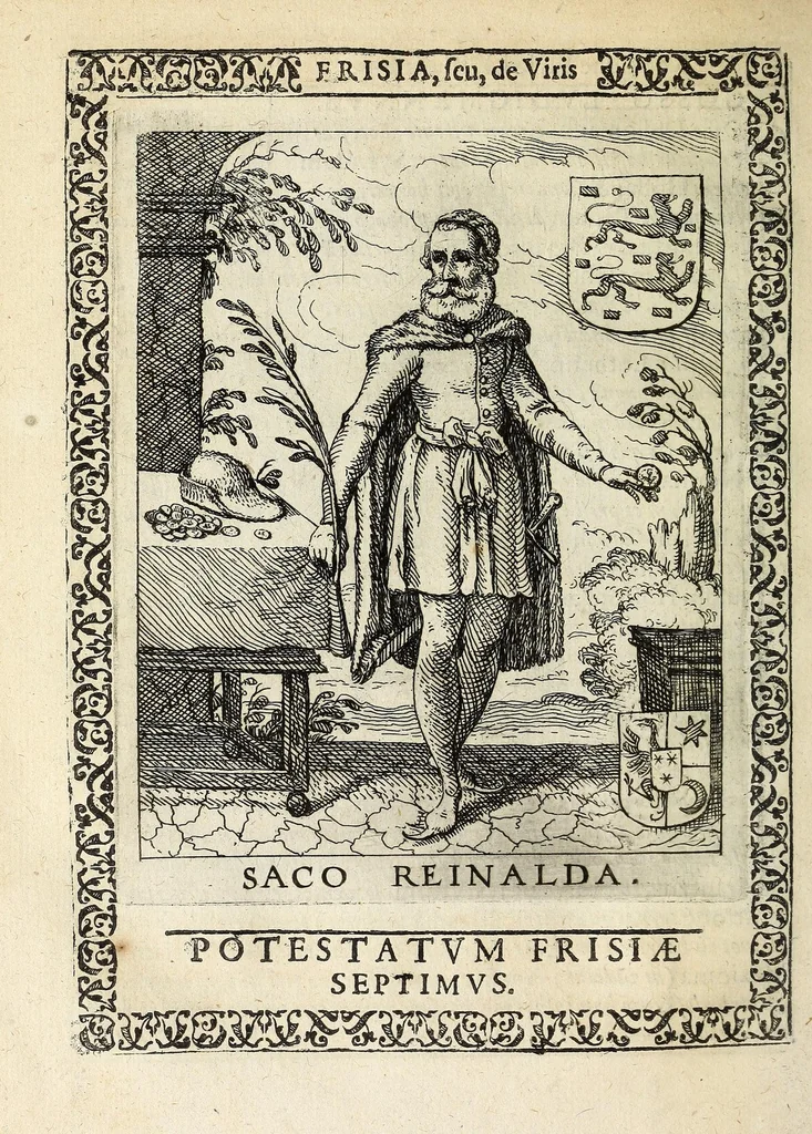 An illustration from Martini Hamconii Frisia; seu, De viris rebusque Frisiae illustribus libri duo. Opus ab authore recognitum, auctum, & imaginibus regum, potestatum, ac principum exornatum. Adiecti sunt pontifices Frisiorum ethnici, seu praefecti druydum: episcopi ultraiectini: comites Hollandiae & Zelandiae: diplomataque, & monumenta aliquot pontificum, caesarum, ac aliorum heroum, virtutem Frisiorum declarantia, 1620, leaf 122