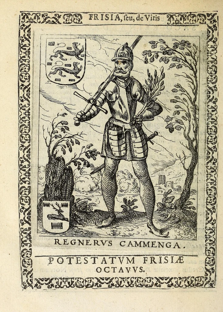 An illustration from Martini Hamconii Frisia; seu, De viris rebusque Frisiae illustribus libri duo. Opus ab authore recognitum, auctum, & imaginibus regum, potestatum, ac principum exornatum. Adiecti sunt pontifices Frisiorum ethnici, seu praefecti druydum: episcopi ultraiectini: comites Hollandiae & Zelandiae: diplomataque, & monumenta aliquot pontificum, caesarum, ac aliorum heroum, virtutem Frisiorum declarantia, 1620, leaf 124