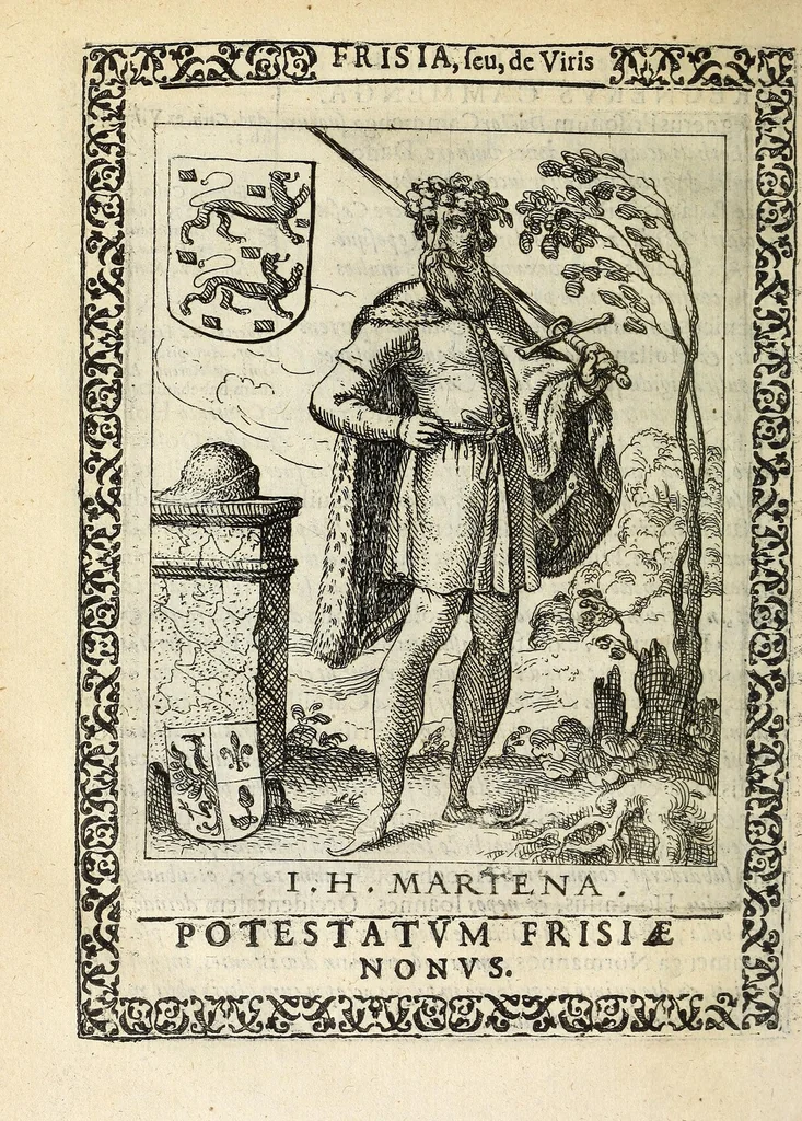An illustration from Martini Hamconii Frisia; seu, De viris rebusque Frisiae illustribus libri duo. Opus ab authore recognitum, auctum, & imaginibus regum, potestatum, ac principum exornatum. Adiecti sunt pontifices Frisiorum ethnici, seu praefecti druydum: episcopi ultraiectini: comites Hollandiae & Zelandiae: diplomataque, & monumenta aliquot pontificum, caesarum, ac aliorum heroum, virtutem Frisiorum declarantia, 1620, leaf 126
