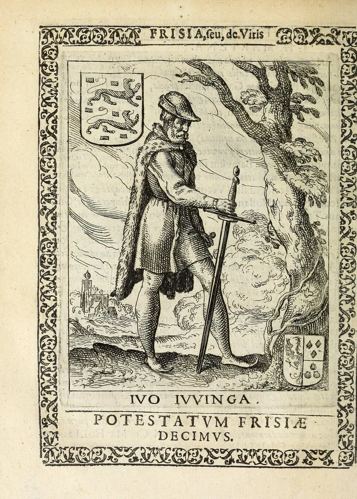 An illustration from Martini Hamconii Frisia; seu, De viris rebusque Frisiae illustribus libri duo. Opus ab authore recognitum, auctum, & imaginibus regum, potestatum, ac principum exornatum. Adiecti sunt pontifices Frisiorum ethnici, seu praefecti druydum: episcopi ultraiectini: comites Hollandiae & Zelandiae: diplomataque, & monumenta aliquot pontificum, caesarum, ac aliorum heroum, virtutem Frisiorum declarantia, 1620, leaf 128