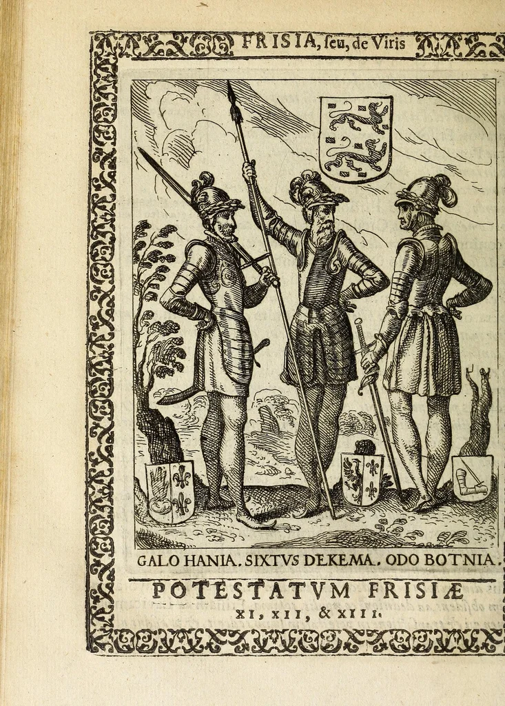 An illustration from Martini Hamconii Frisia; seu, De viris rebusque Frisiae illustribus libri duo. Opus ab authore recognitum, auctum, & imaginibus regum, potestatum, ac principum exornatum. Adiecti sunt pontifices Frisiorum ethnici, seu praefecti druydum: episcopi ultraiectini: comites Hollandiae & Zelandiae: diplomataque, & monumenta aliquot pontificum, caesarum, ac aliorum heroum, virtutem Frisiorum declarantia, 1620, leaf 130
