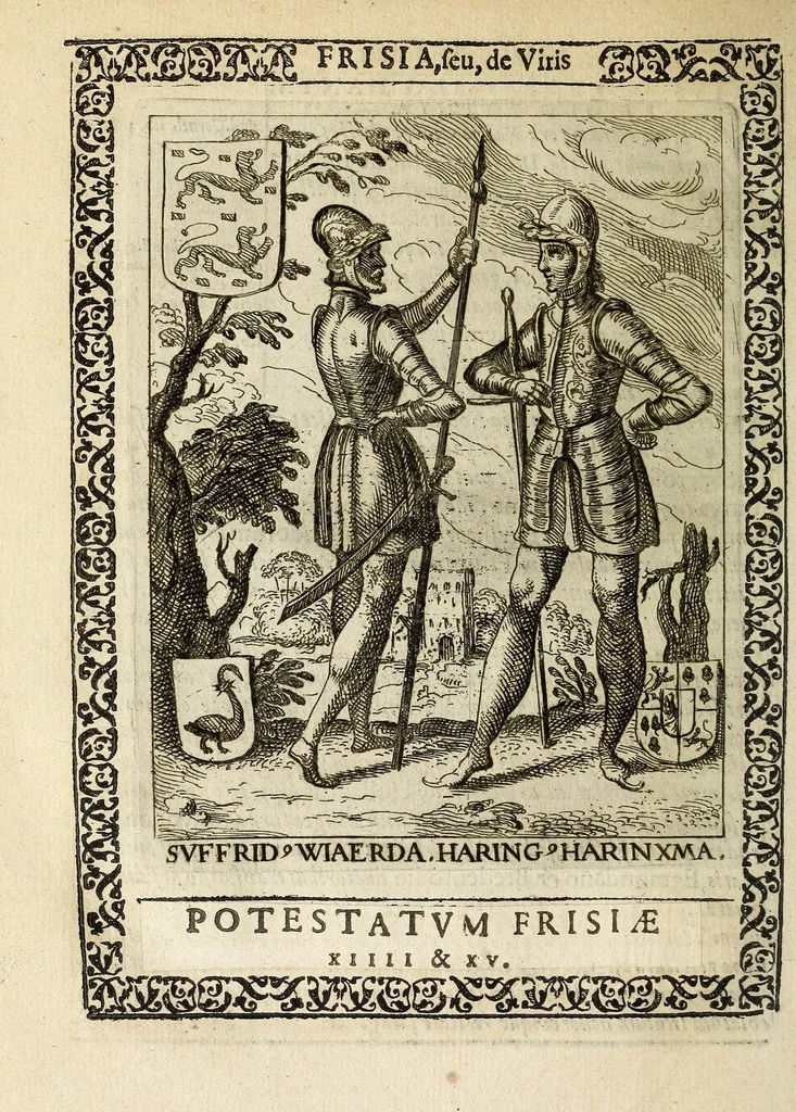 An illustration from Martini Hamconii Frisia; seu, De viris rebusque Frisiae illustribus libri duo. Opus ab authore recognitum, auctum, & imaginibus regum, potestatum, ac principum exornatum. Adiecti sunt pontifices Frisiorum ethnici, seu praefecti druydum: episcopi ultraiectini: comites Hollandiae & Zelandiae: diplomataque, & monumenta aliquot pontificum, caesarum, ac aliorum heroum, virtutem Frisiorum declarantia, 1620, leaf 132