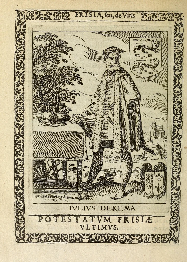 An illustration from Martini Hamconii Frisia; seu, De viris rebusque Frisiae illustribus libri duo. Opus ab authore recognitum, auctum, & imaginibus regum, potestatum, ac principum exornatum. Adiecti sunt pontifices Frisiorum ethnici, seu praefecti druydum: episcopi ultraiectini: comites Hollandiae & Zelandiae: diplomataque, & monumenta aliquot pontificum, caesarum, ac aliorum heroum, virtutem Frisiorum declarantia, 1620, leaf 134
