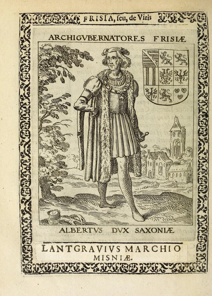 An illustration from Martini Hamconii Frisia; seu, De viris rebusque Frisiae illustribus libri duo. Opus ab authore recognitum, auctum, & imaginibus regum, potestatum, ac principum exornatum. Adiecti sunt pontifices Frisiorum ethnici, seu praefecti druydum: episcopi ultraiectini: comites Hollandiae & Zelandiae: diplomataque, & monumenta aliquot pontificum, caesarum, ac aliorum heroum, virtutem Frisiorum declarantia, 1620, leaf 136