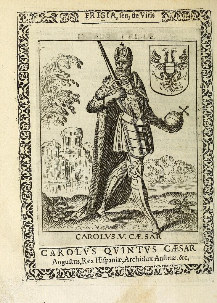 An illustration from Martini Hamconii Frisia; seu, De viris rebusque Frisiae illustribus libri duo. Opus ab authore recognitum, auctum, & imaginibus regum, potestatum, ac principum exornatum. Adiecti sunt pontifices Frisiorum ethnici, seu praefecti druydum: episcopi ultraiectini: comites Hollandiae & Zelandiae: diplomataque, & monumenta aliquot pontificum, caesarum, ac aliorum heroum, virtutem Frisiorum declarantia, 1620, leaf 140