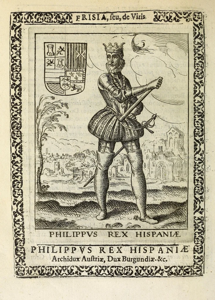 An illustration from Martini Hamconii Frisia; seu, De viris rebusque Frisiae illustribus libri duo. Opus ab authore recognitum, auctum, & imaginibus regum, potestatum, ac principum exornatum. Adiecti sunt pontifices Frisiorum ethnici, seu praefecti druydum: episcopi ultraiectini: comites Hollandiae & Zelandiae: diplomataque, & monumenta aliquot pontificum, caesarum, ac aliorum heroum, virtutem Frisiorum declarantia, 1620, leaf 142