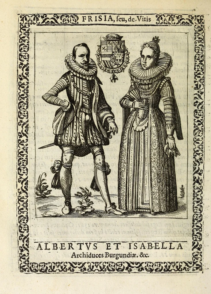 An illustration from Martini Hamconii Frisia; seu, De viris rebusque Frisiae illustribus libri duo. Opus ab authore recognitum, auctum, & imaginibus regum, potestatum, ac principum exornatum. Adiecti sunt pontifices Frisiorum ethnici, seu praefecti druydum: episcopi ultraiectini: comites Hollandiae & Zelandiae: diplomataque, & monumenta aliquot pontificum, caesarum, ac aliorum heroum, virtutem Frisiorum declarantia, 1620, leaf 144